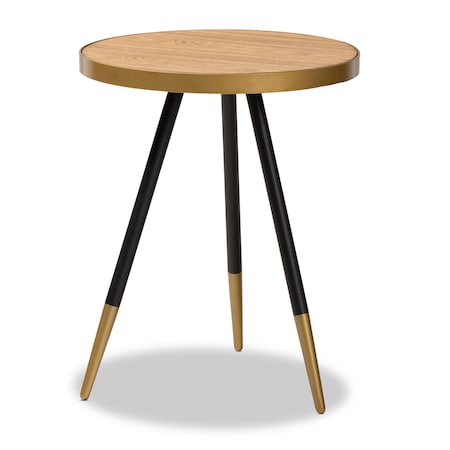 Baxton Studio Lauro Walnut Wood and Metal End Table with Black and Gold Legs 153-9083